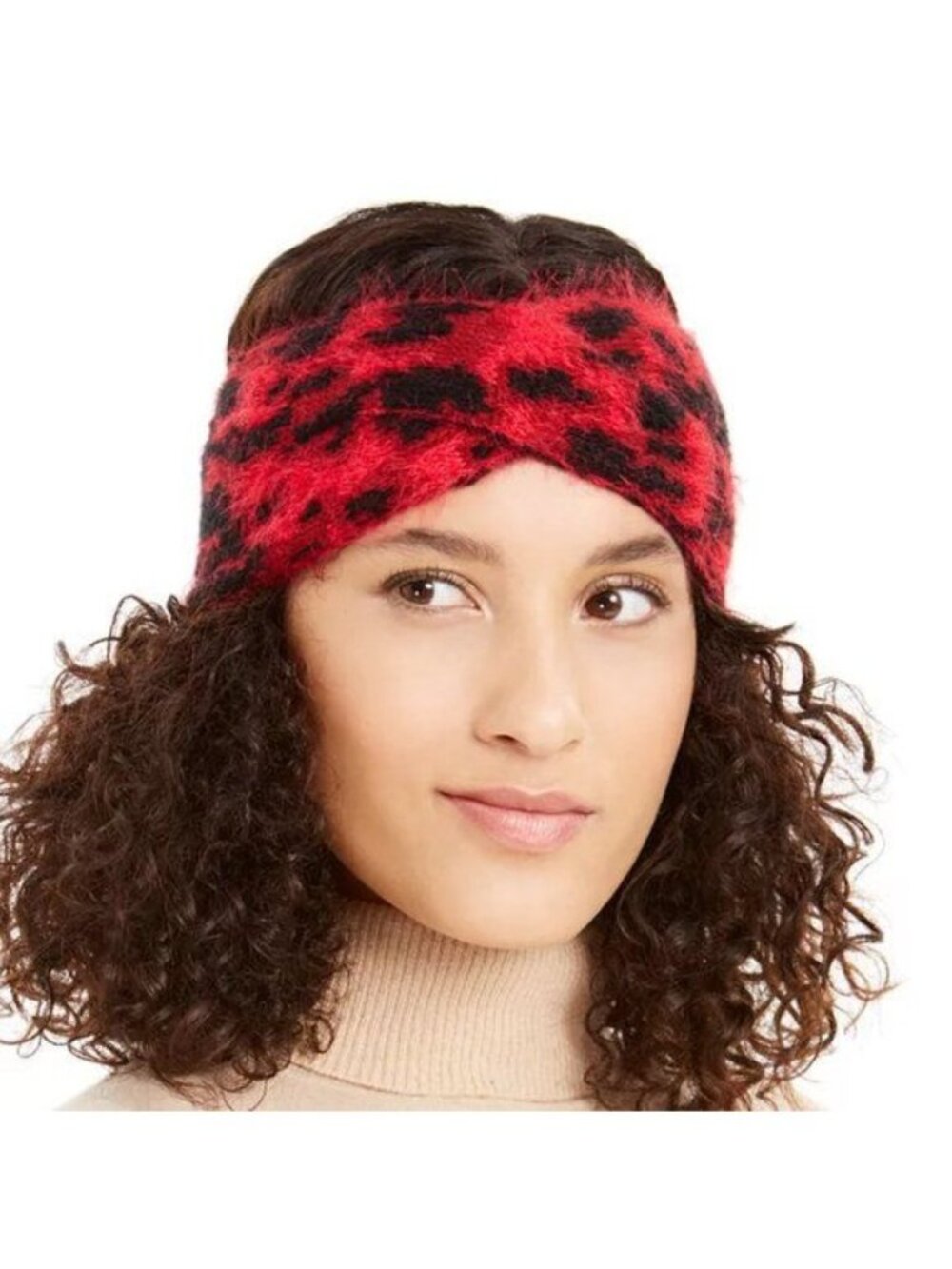 DKNY Fuzzy Animal Print Knit Twist Headband, RED